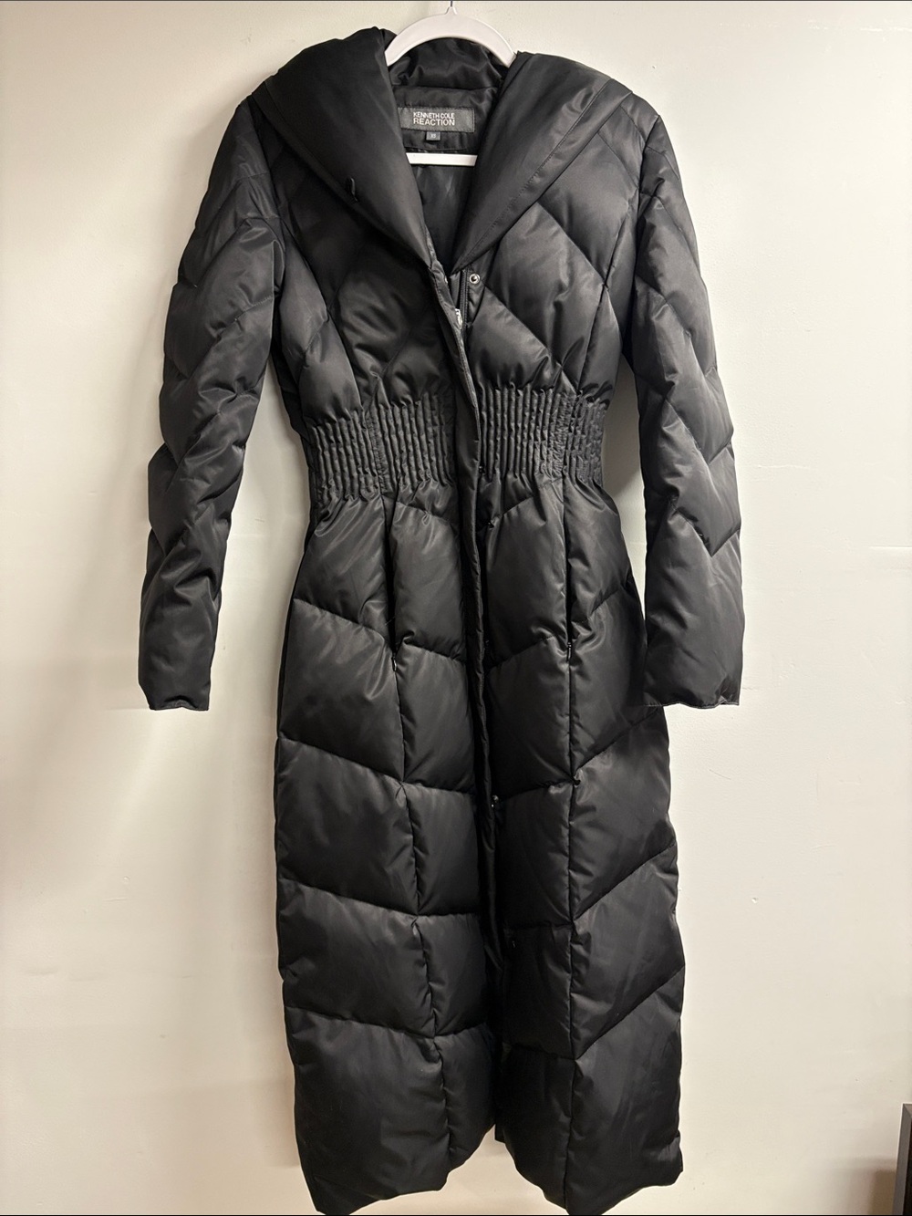 Kenneth Cole Reaction Black Long Quilted Puffer Coat with Smocked Waist